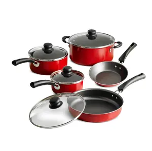 9-Piece Non-stick Cookware Set Red with Glass Lids and Durable Handles for Easy Cooking