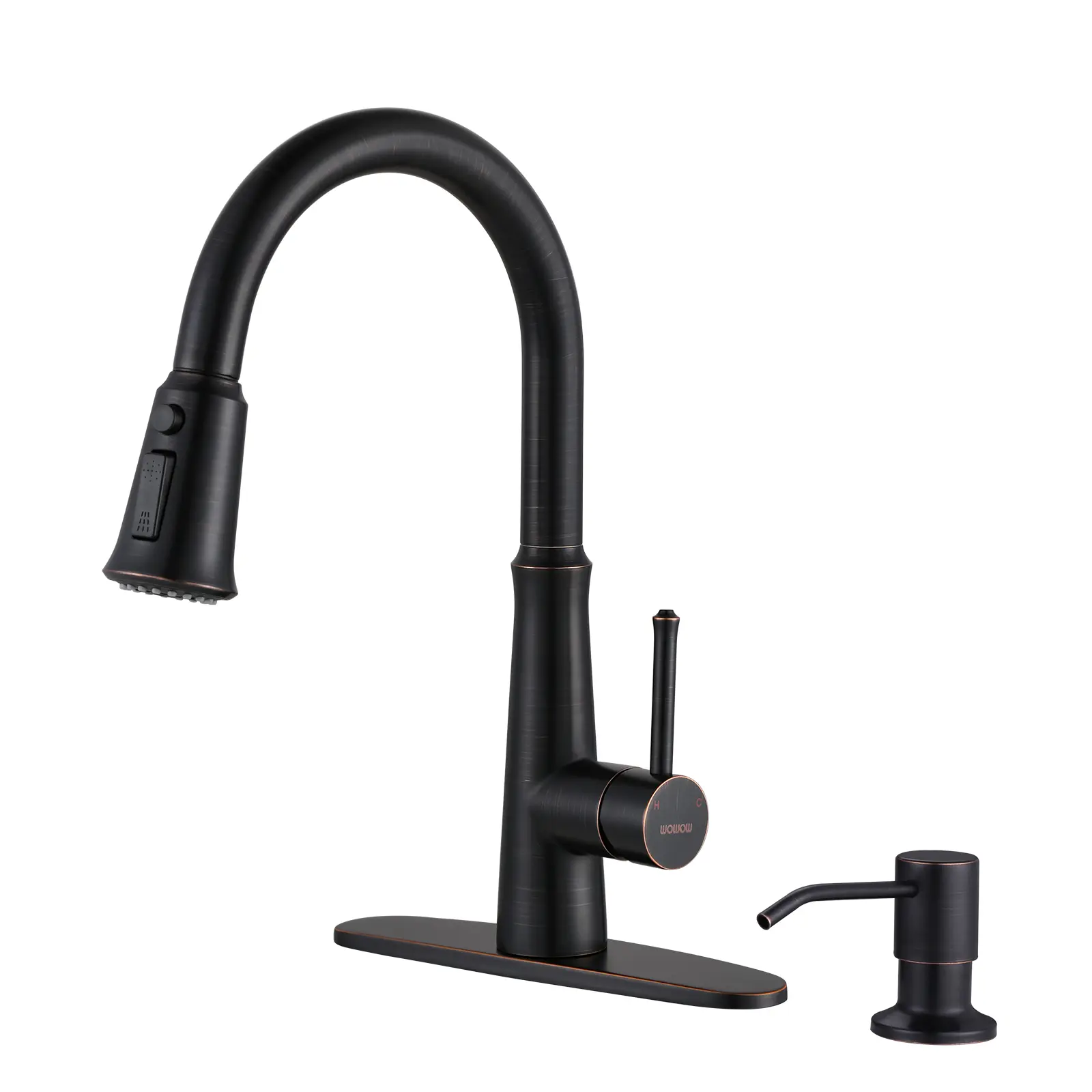 WOWOW Vintage Oiled Rubbed Bronze Single-Handle High-Arc Spout Stainless Steel Kitchen Faucet for All Seasons, Pre-Assembled, 360° Swivel Pull-Out Sprayer, 50cm Hose, 2/4-Hole Installation, Stream/Spray/Pause Modes