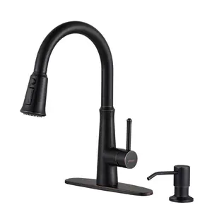 WOWOW Kitchen Faucet, Oiled Rubbed Bronze, 1 Handle High Arc, 360° Swivel, Pull Out Sprayer, Stainless Steel, 50cm Hose, 2 or 4 Hole Installation, Stream/Spray/Pause Modes