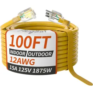100ft 12/3 Gauge Outdoor Extension Cord  with Lighted ,12 Gauge SJTW Heavy Duty 15Amp 1875W,3 Prong Cords Flexible  Copper Yellow ETL Listed