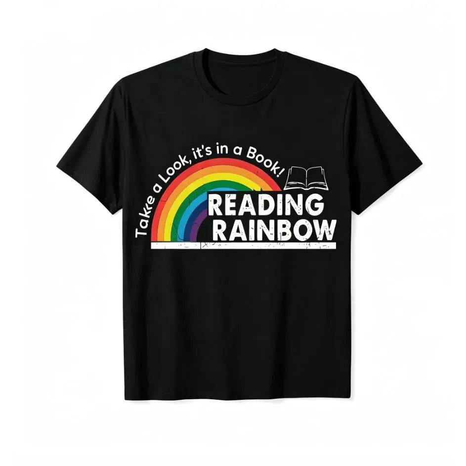 Casual Retro T-Shirt, Classic Reading Rainbow Graphic Print, Short Sleeve Round Neck Cotton Blend Top for Book Lovers