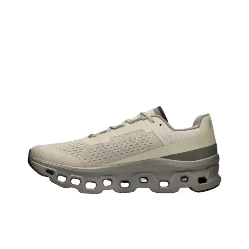 Beige-Gray Long-Distance Cushioned Running Shoes, Oversized Hollow Cloud Midsole with Engineered Mesh Upper Design