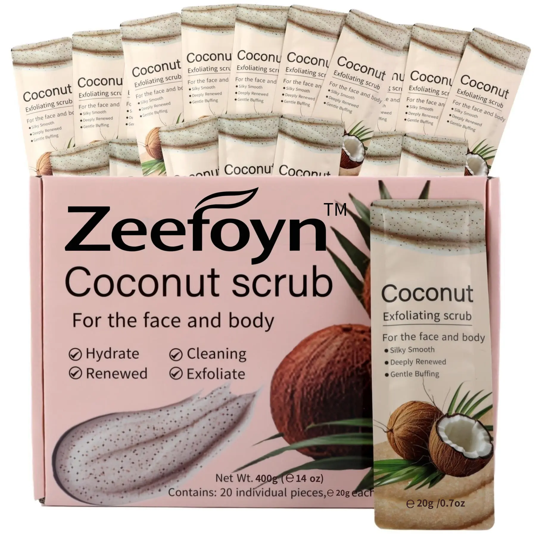 Coconut Body Scrub Gift Set – 20g Each, 20 Individually Wrapped Packs – Travel Size Exfoliating Sugar Scrub Bulk Set with Coconut Scent