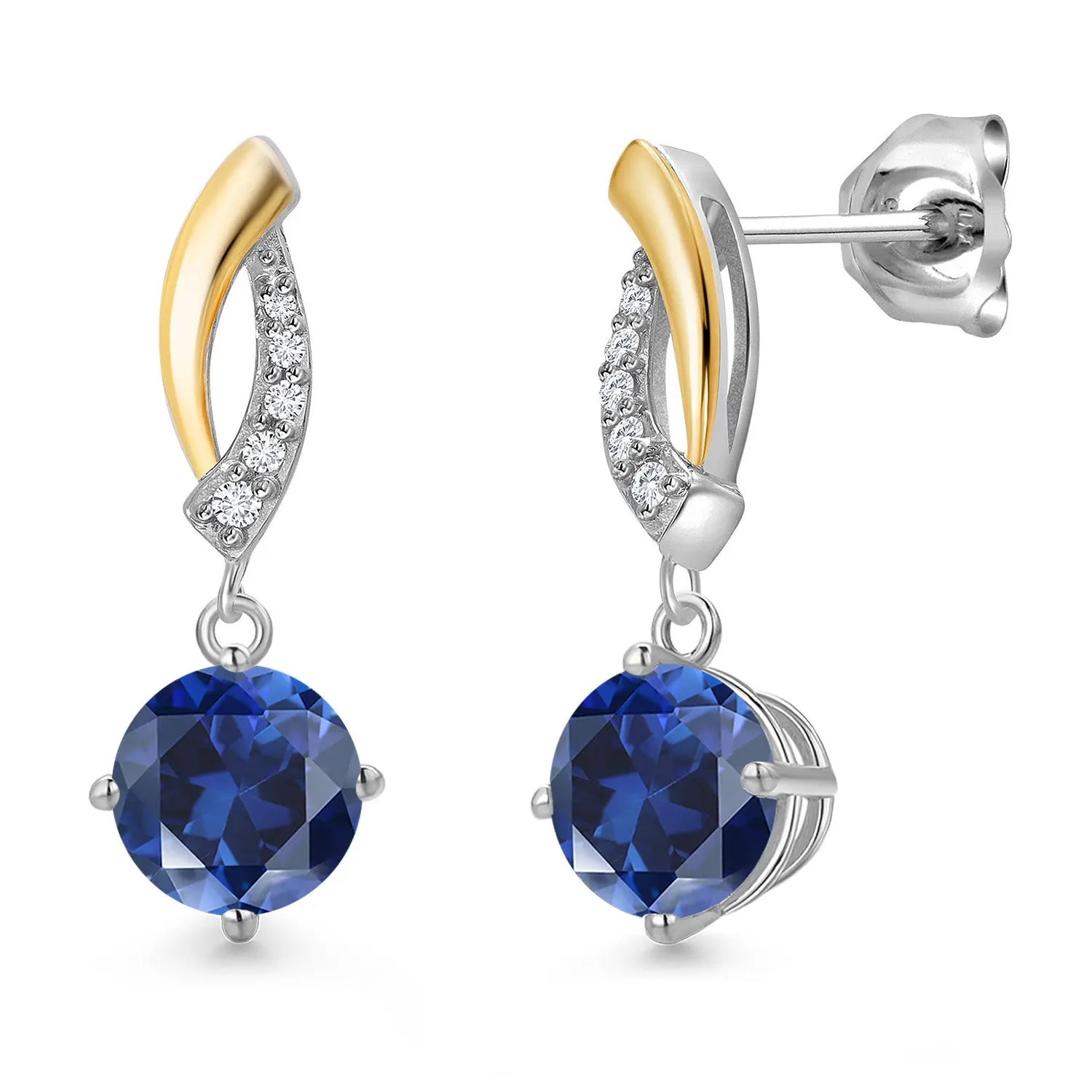 925 Silver and 10K Yellow Gold Blue Created Sapphire and Lab Grown Diamond Dangle Earrings for Women | 2.07 Cttw | Gemstone September Birthstone | Round 6MM