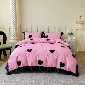 3 Pieces Romantic Pink Duvet Set - Black Love Pattern Print, Black Ruffle Trim, Soft, Comfortable, Breathable Bedding, Available in All Seasons, Suitable for Bedroom Rooms and Dorm (1 Duvet Cover, 2 Pillowcases, No Filling)
