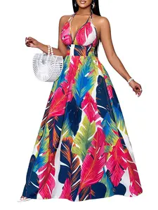 Summer Leaf Print Dress, Sexy Back Halter Neck Tie Neck Long Dress, Loose-Fitting Sleeveless Vacation Style, Woven Fabric, Women's Fashion