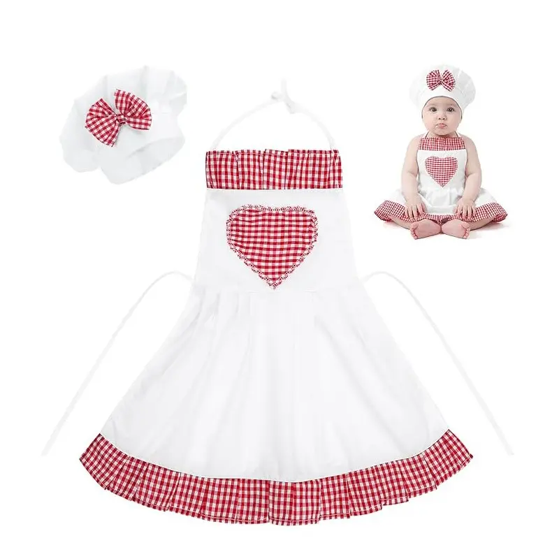 Two-piece baby photography props, a Cute pink checkered frilly baby apron and a bow-tie decorated chef's hat, provide perfect props for taking photos of baby girls.