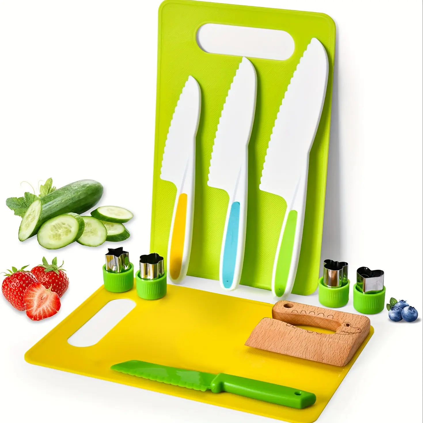 11-Piece Montessori Kids  Knife Set for Real Cooking, 11 PCS Child Pretend Play Cooking Toy Set with Fruit Bread Cake Knives Cutting Boards Sandwich Cutters, Birthday Gifts Safe Culinary Tool for Boys Girls Springtok