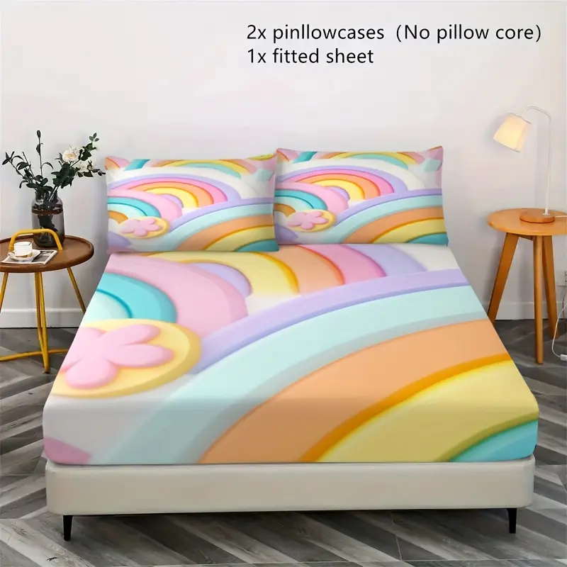 Three-Piece Fitted Sheet Set - Colorful Rainbow Fun Style, Suitable for Bedroom, Guest Room, Dormitory, and All Seasons Bedding, Soft and Delicate, Breathable, Easy to Care For, Set Includes 1 Fitted Sheet + 2 Pillowcases (No Filling, Pillow Core Not Incl