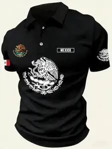 Vintage Mexican Eagle Polo Shirt, Patriotic Mexico Flag Golf Tee, Men's Casual Street Style, Quick Dry Sports Gym Top