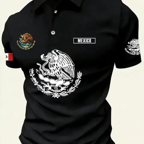 Vintage Mexican Eagle Polo Shirt, Patriotic Mexico Flag Golf Tee, Men's Casual Street Style Athletic Style, Quick Dry Sports Gym Top, Athletic Clothing, Casual Sporty Top