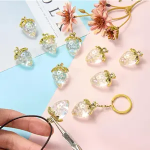 Unisex Fashion Strawberry Fruit Glass Pendants - Sparkling Gold-Trimmed Design, Keychain Option, 6-Pack for Daily DIY Jewelry Making
