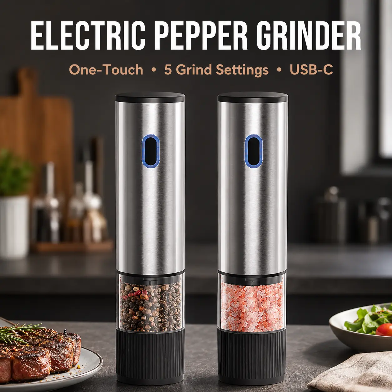 Battery-Powered Electric Pepper & Salt Grinder - Adjustable Coarseness, LED Light, Easy-to-Clean, 1-Handed Operation, Home Kitchen Essential (1/2 Units)