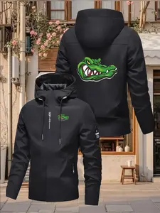 Angry Crocodile Pattern Hooded Jacket, Bold Crocodile Print Windbreaker, Outdoor Waterproof Casual Unisex Coat, Men's Spring Fall Fashion Outerwear