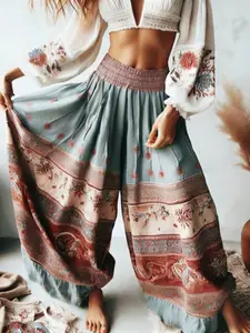 Boho All Over Print High Waist Wide Leg Pants, Women's Casual Loose Fit Pants, All Season Woven Fabric, No Belt Included