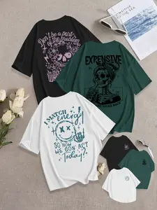 Breathable Casual Loose-Fit Round Neck Skull Girl Print Knit T-Shirt Set, Summer Fashion Comfortable Versatile Everyday Graphic Top, Pack of 3