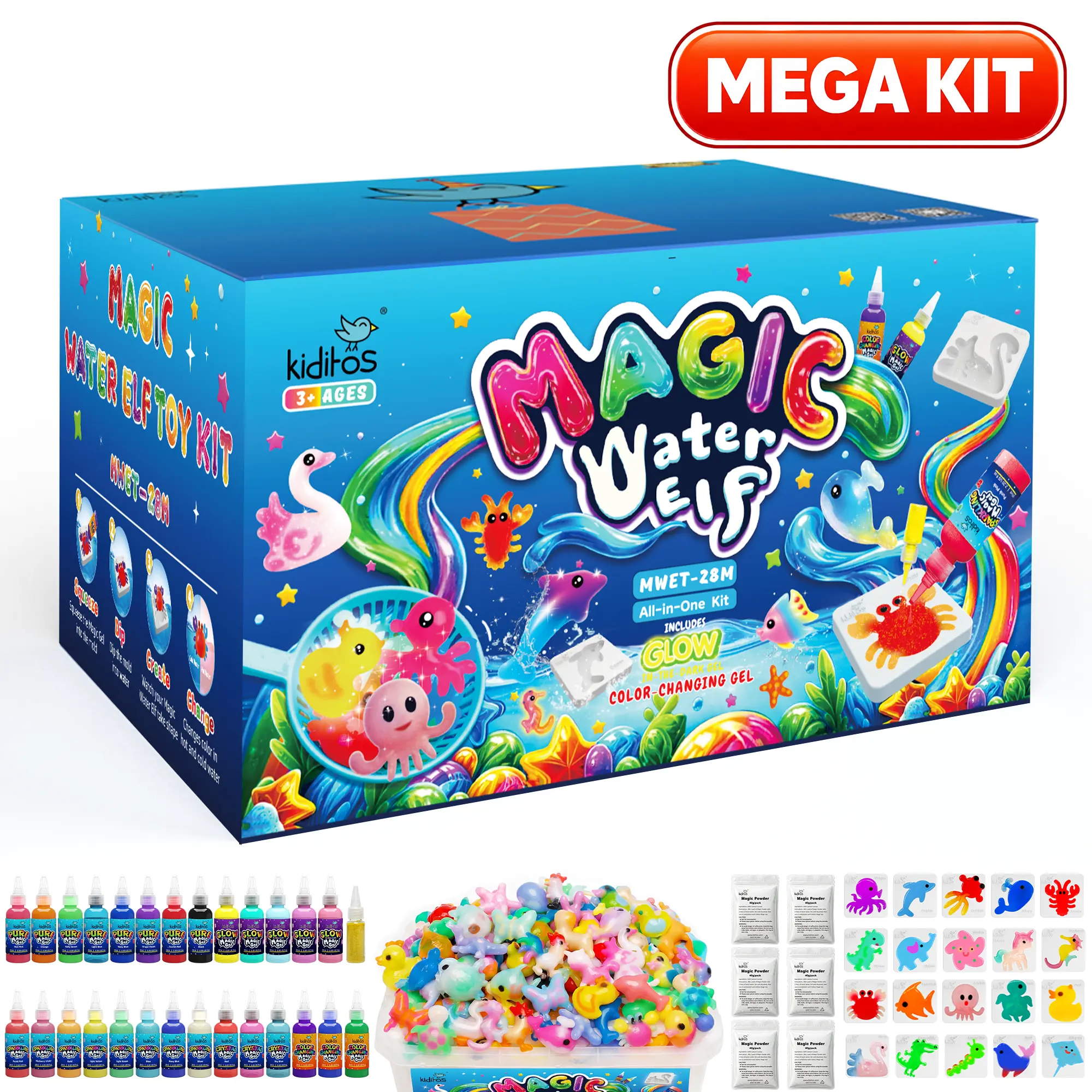 Kiditos Magic Water Elf Kit for Kids, Animals Deluxe, 27 Gel Bottles & 20 Molds, DIY Aqua Gel Craft Set, Squishy Water Pets Toy Ages 3+