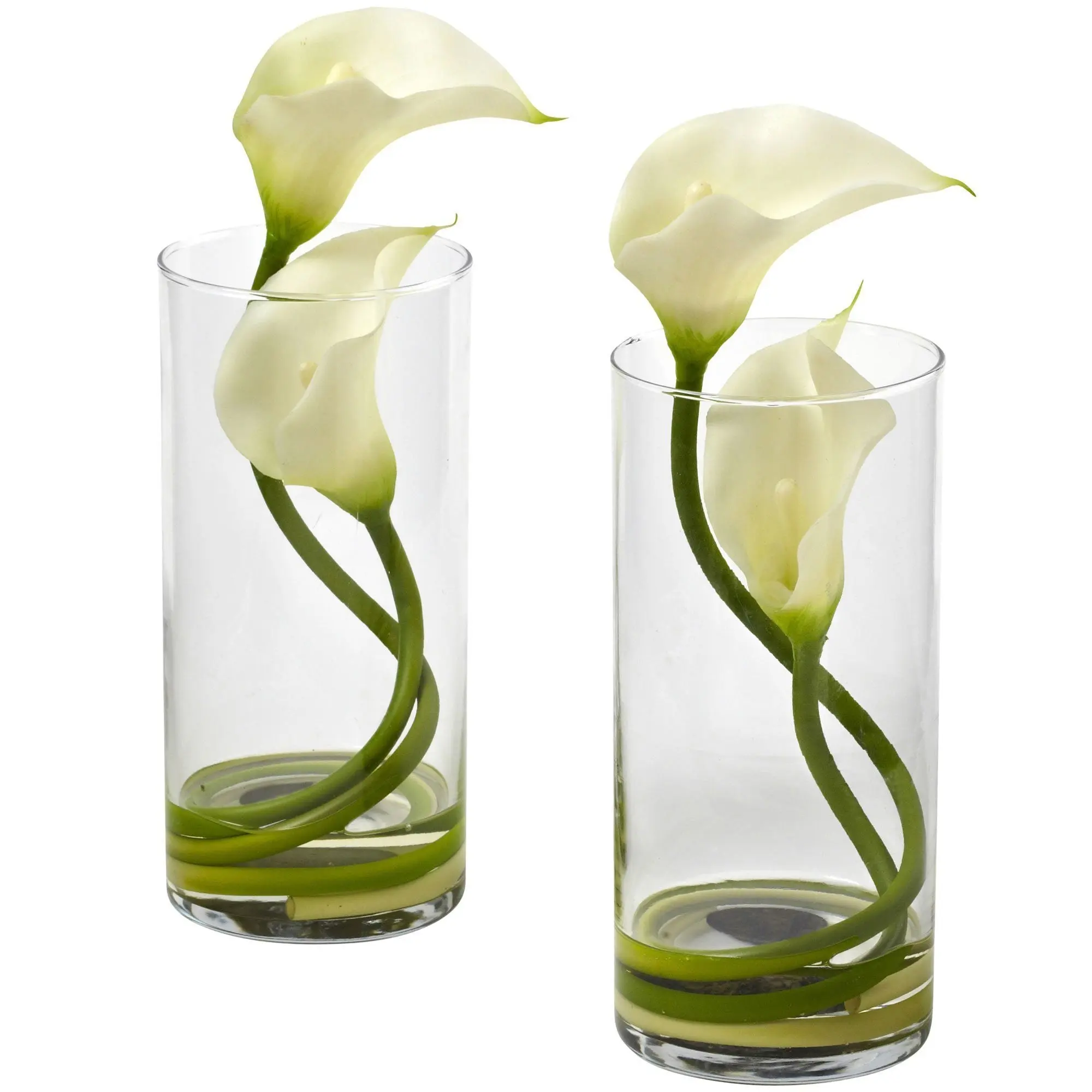 2-Piece Silk Faux Flowers & Glass Cylinder Vases Set - Double Calla Lily Artificial Decor for Home Decoration Supplies