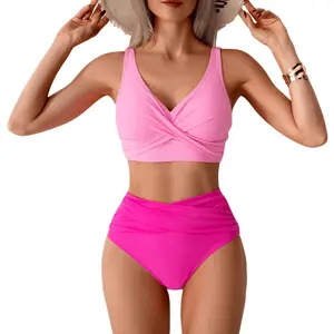 Women's Pink & Hot Pink Color Block Crisscross High Waisted Bikini Set - Bust Defining Two Piece Swimsuit for Summer Beach & Vacation (Multiple Colors)