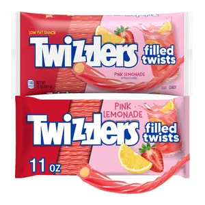 Twizzles Licorice Filled Twists Candy, 2 Pack, Strawberry-Lemon Pink Lemonade Flavored Licorice Candy Sticks, Low Fat, Soft and Chewy Candy for Summer Party Favor Treats and Snacking, 11 oz. Each