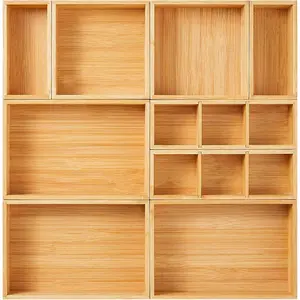 Set of 9 Bamboo Wood Drawer Organizer Storage Boxes Bins for Cutlery Silverware Utensils Flatware, Small Wooden Container Trays for Kitchen, Makeup Desk, Bathroom and Office Drawer Storage