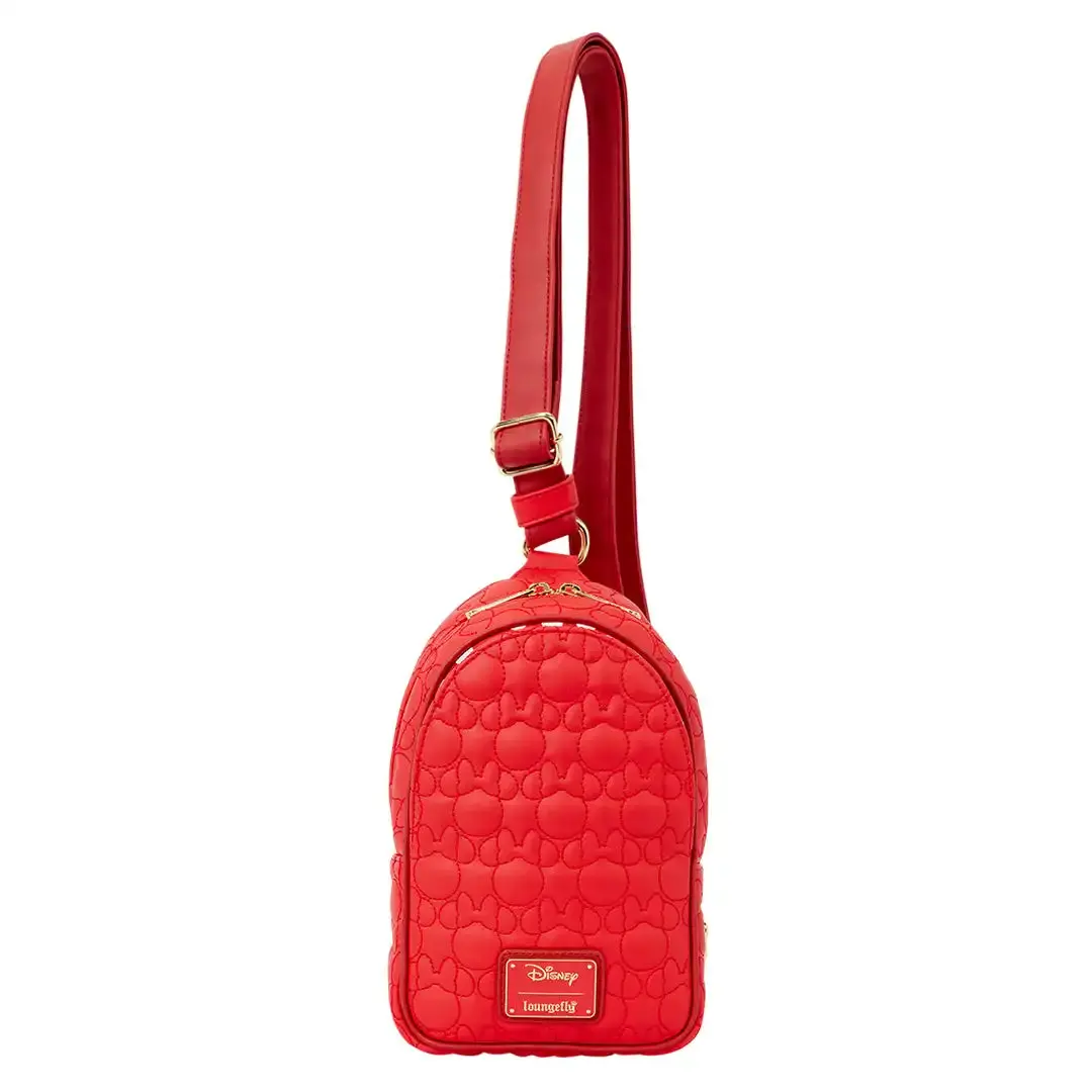 Women's Adjustable Disney Minnie Mouse Silhouette All-Over Print Casual Synthetic Leather Loungefly Sling Crossbody Bag with Minnie Shape Design