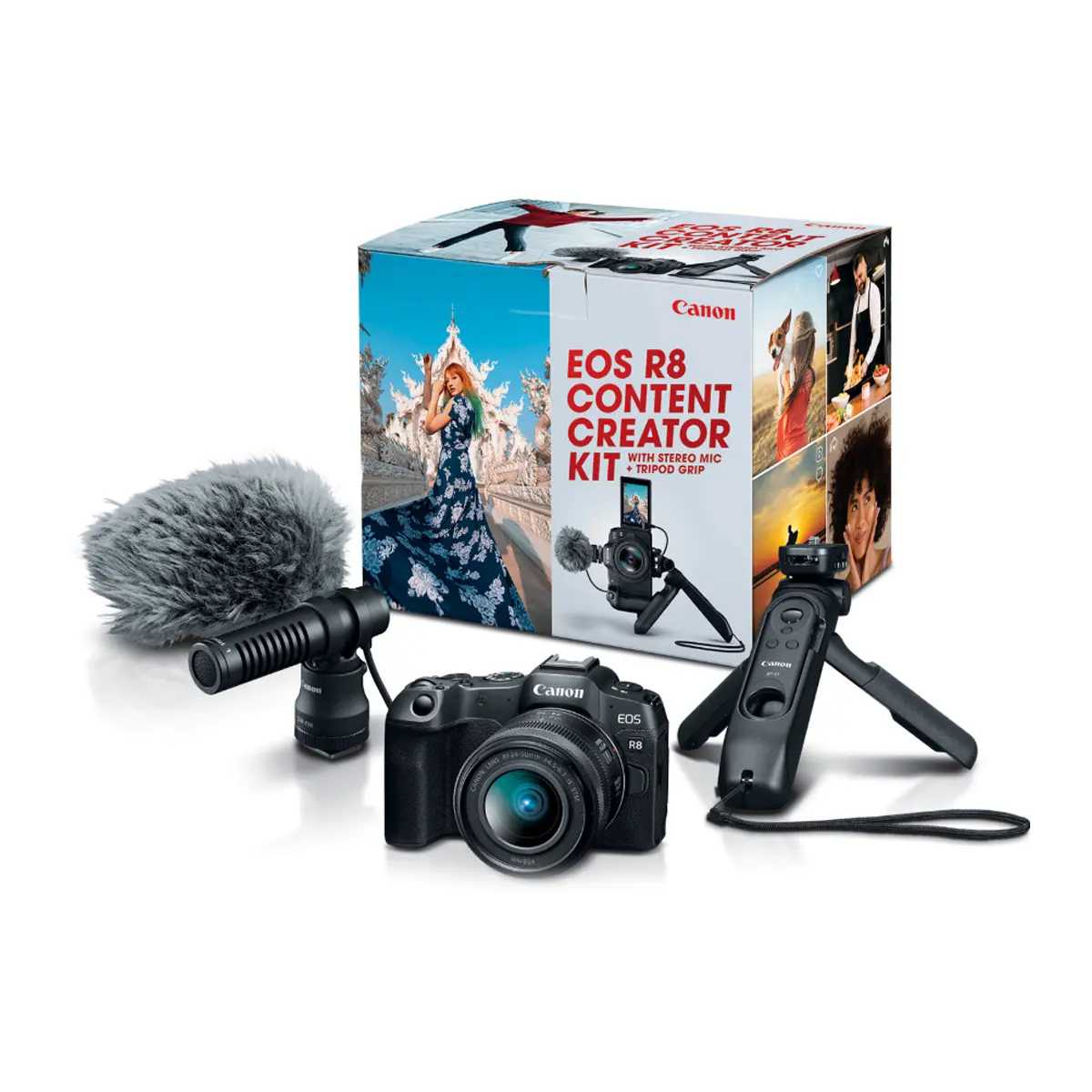 Canon EOS R8 Mirrorless Camera Content Creator Kit with Portable Tripod, Camera Grip, and Essential Accessories, Lens