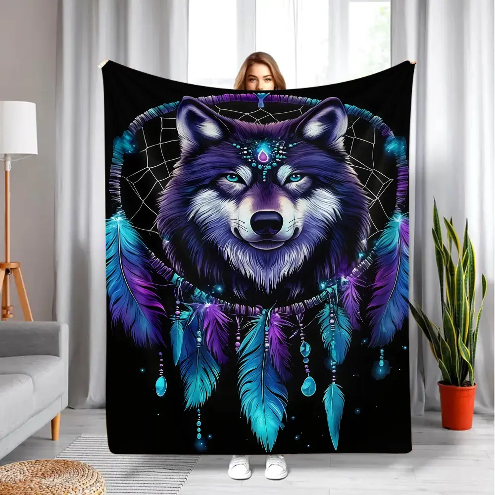 Neon Gradient Wolf Inside Dreamcatcher Throw Blanket - Solid Black Base Bohemian Native Tribal Feather Bead Blanket, Soft Fleece Blanket With Purple-Cyan Shade Wolf Portrait Glowing Dream Catcher Frame, Perfect Native Spirit  Wolf Totem Fan Birthday Gift