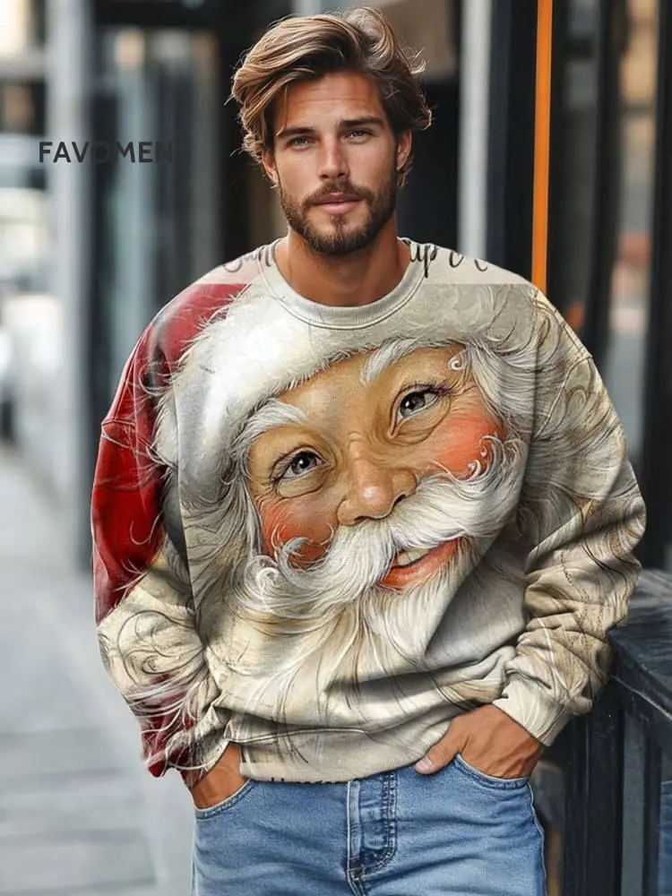 Christmas Smiling Man Print Casual Print Sweater, Christmas Sweatshirt, Holiday Sweater, Winter Crewneck Shirt, Christmas Gifts, Ugly Sweater