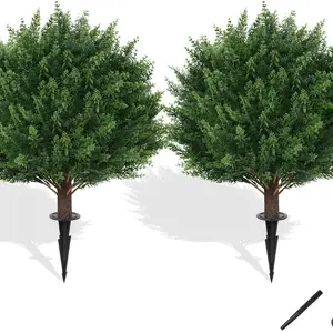 Set of 2 Artificial Cypress Topiary Tree with Ground Spike, Artificial Shrub Bushes, Fake Evergreen Tree for Porch, Artificial Plants for Outdoor Planters & Indoor, UV Resistant