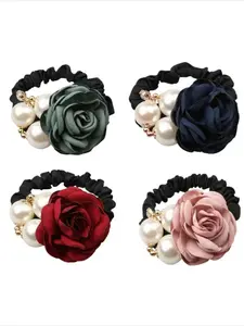 Women's Cute Faux Pearl Decor Hair Scrunchies (4pcs/set), Elegant Flower Design Ponytail Holders for Women & Girls, Fashion Hair Accessories for Party, Daily Hairstyle Decor, Elastic Hair Accessory, Fashionable Hair Accessories