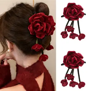 AWAYTR 2 Packs Velvet Rose Flower Hair Claw Clips for Women Girls 5.12" Large Floral Tassel Hair Clips Fashion  Barrettes for Thick Thin Hair Styling Accessories
