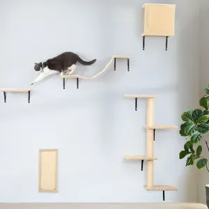 5 Pcs Wall Mounted Cat Climber Set;  Floating Cat Shelves and Perches;  Cat Activity Tree with Scratching Posts;  Modern Cat Furniture
