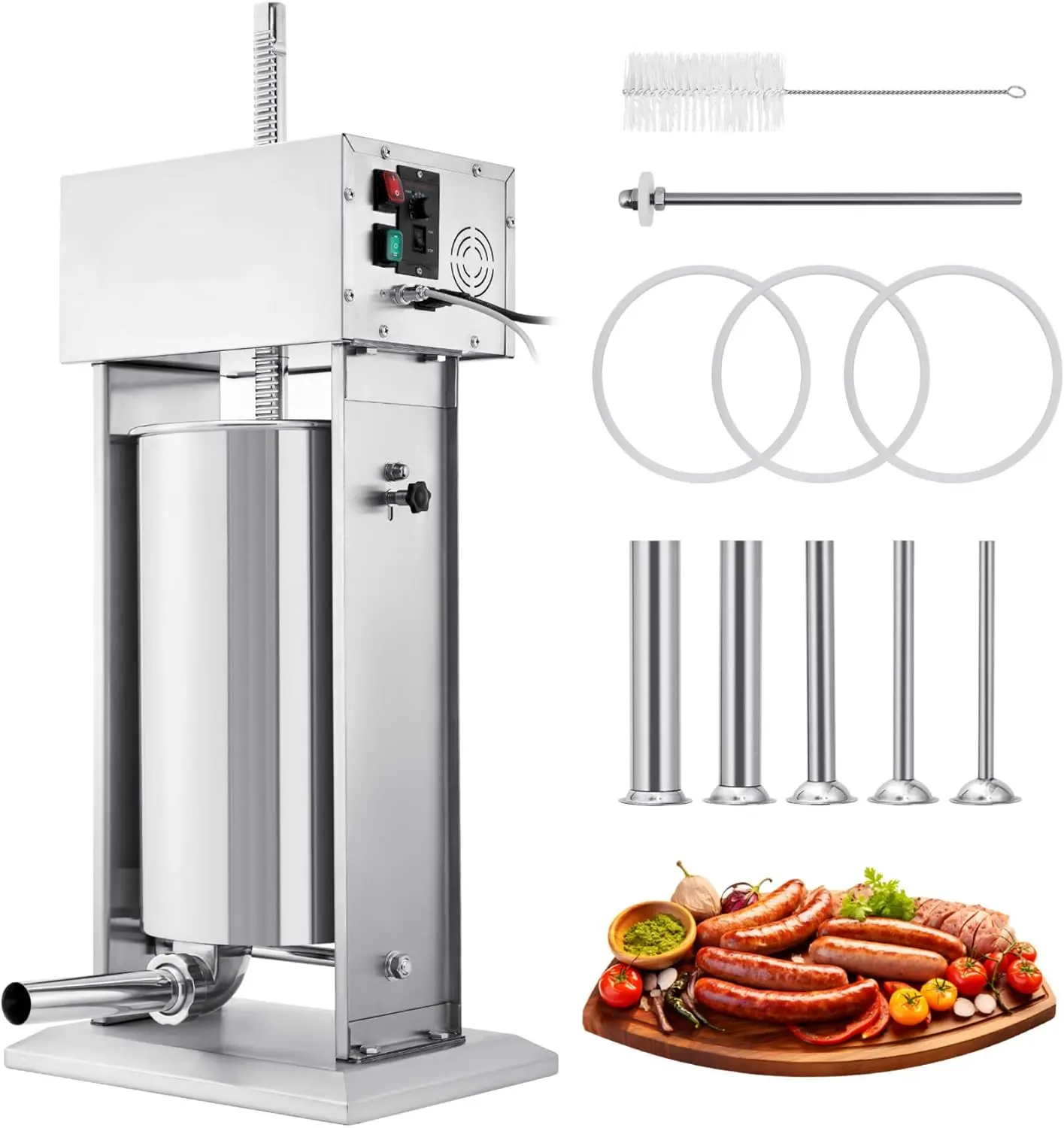 25L Vertical Sausage Stuffer Machine – Electric & Manual Operation – 304 Stainless Steel, Stepless Speed Control, Foot Pedal, 5 Filling Tubes, Cleaning Kit