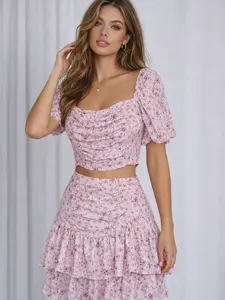 Floral Layered Puff Sleeve Top and Skirt Set