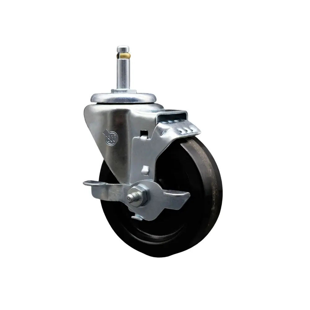 Service Caster SCC-GR20S414-PHR-TLB-716138 Oil Resistant Phenolic Swivel Caster with Grip Ring Stem Mounting, 4x1.25 in. Black Wheel, 0.43 in. Stem, Top Locking Brake, High Impact Resistance, Ball Bearing Design, 300 lbs Capacity for Carts