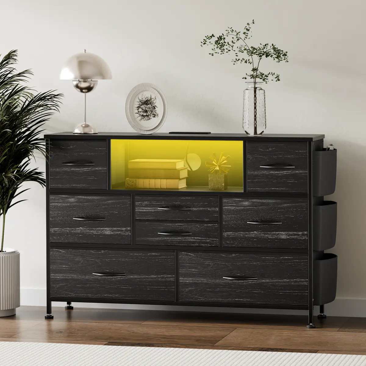 Dresser with 8 Drawers & LED Lights and Power Outlets, TV Stand, Fabric Chest of Drawers with Side Pocket, Sturdy Frame & Wood Top