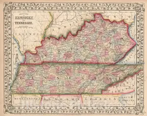 Kentucky and Tennessee 1868 County Map - Mitchell's New General Atlas