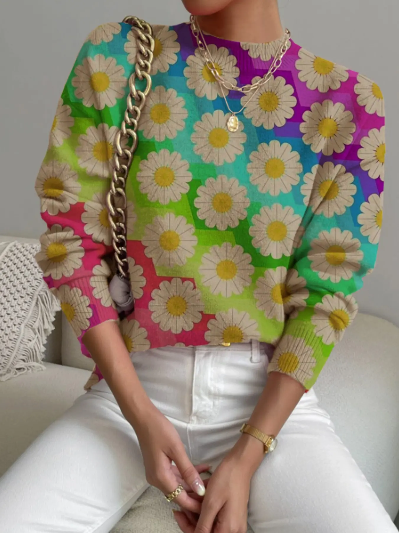 Women's New Floral Printed Long Sleeve Sweater, Warm Versatile Casual Knitwear, Elegant Fitted All Seasons Top