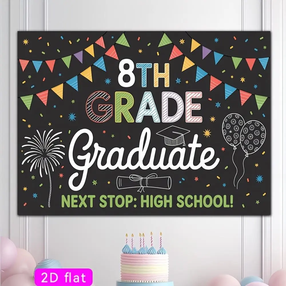 8th Grade Grad Polyester 2D Flat Banner Photography Backdrop, HD Printed Soft Lightweight Foldable Congrats Grad Festive Backdrops & Banners for Middle School Graduation Party Decor, Photo Booth Use, Congrats Grad Banner Festive Backdrops & Banners