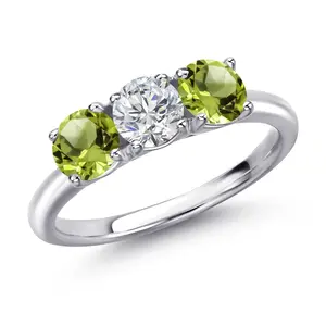 1.60 Cttw Lab Grown Diamond and Green Peridot 3-Stone Engagement Ring For Women | 925 Sterling Silver | Round 5MM | Three Stone Wedding Engagement Anniversary Ring For Women
