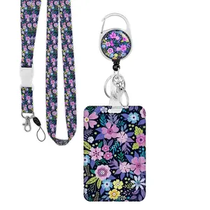 ID Card Holder with Lanyard, Adjustable Badge Reel, Retractable Badge Reel, Universal Bus Pass Case, Key Ring, Anti-Loss Clip, Floral, for Nurses, Students, Teachers