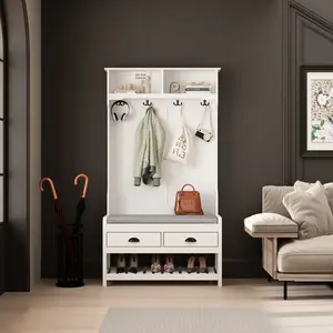 FUFU&GAGA Furniture Hall Tree 34'' Wide with Bench and Shoe Storage Modern Wood Dresser Modern Sideboard 3-in-1 Design with Hooks & Drawers for Entryway Laundry Room Closet kitchen pantry cabinet kitchen pantry cabinet