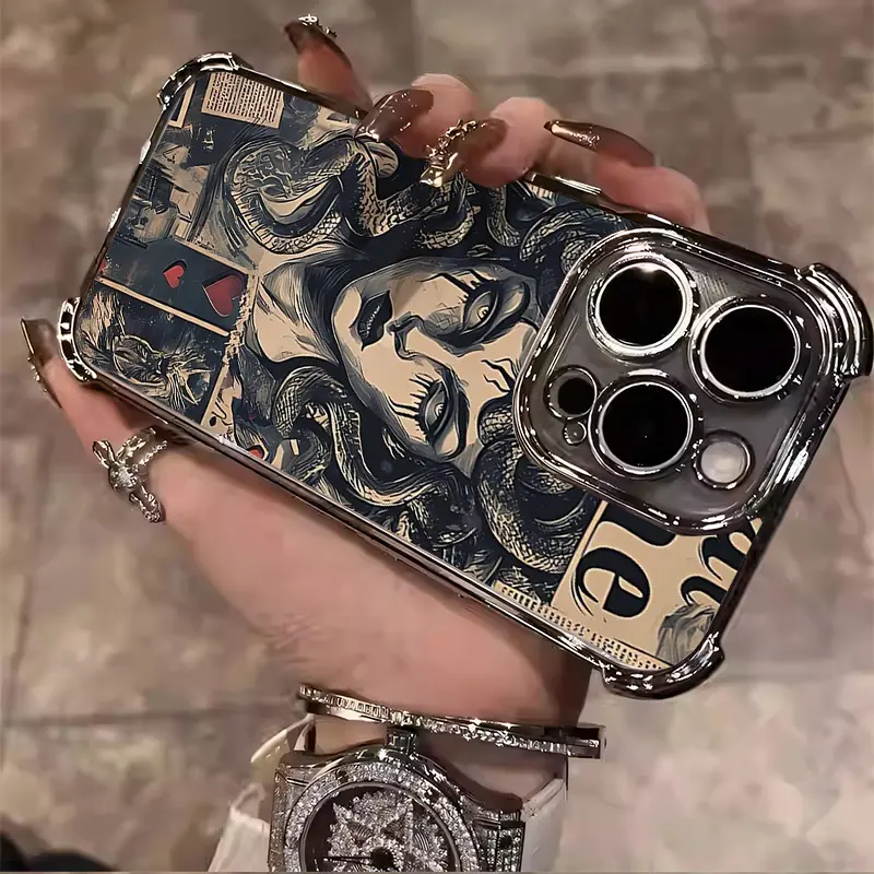 Retro Medusa Snake Hair Fairy Pattern Phone Case,Suitable for iPhone 17/16/15/14/13 Pro Max Plus electroplated anti drop soft case phone case 053 iphone case indo Protector Screen Protector Protection Cover Protective Smartphone