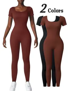 Women's Fashion Yoga Jumpsuit, Sporty High Waist Short Sleeve, Plain Design, Indoor Outdoor Wear, All Seasons, Sportswear Jumpsuits