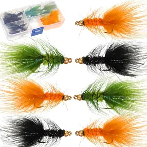 24 Pieces Woolly Bugger Streamer Nymph Trout Fly Fishing Flies Assortment with Fly Box (Green, Black, Orange)