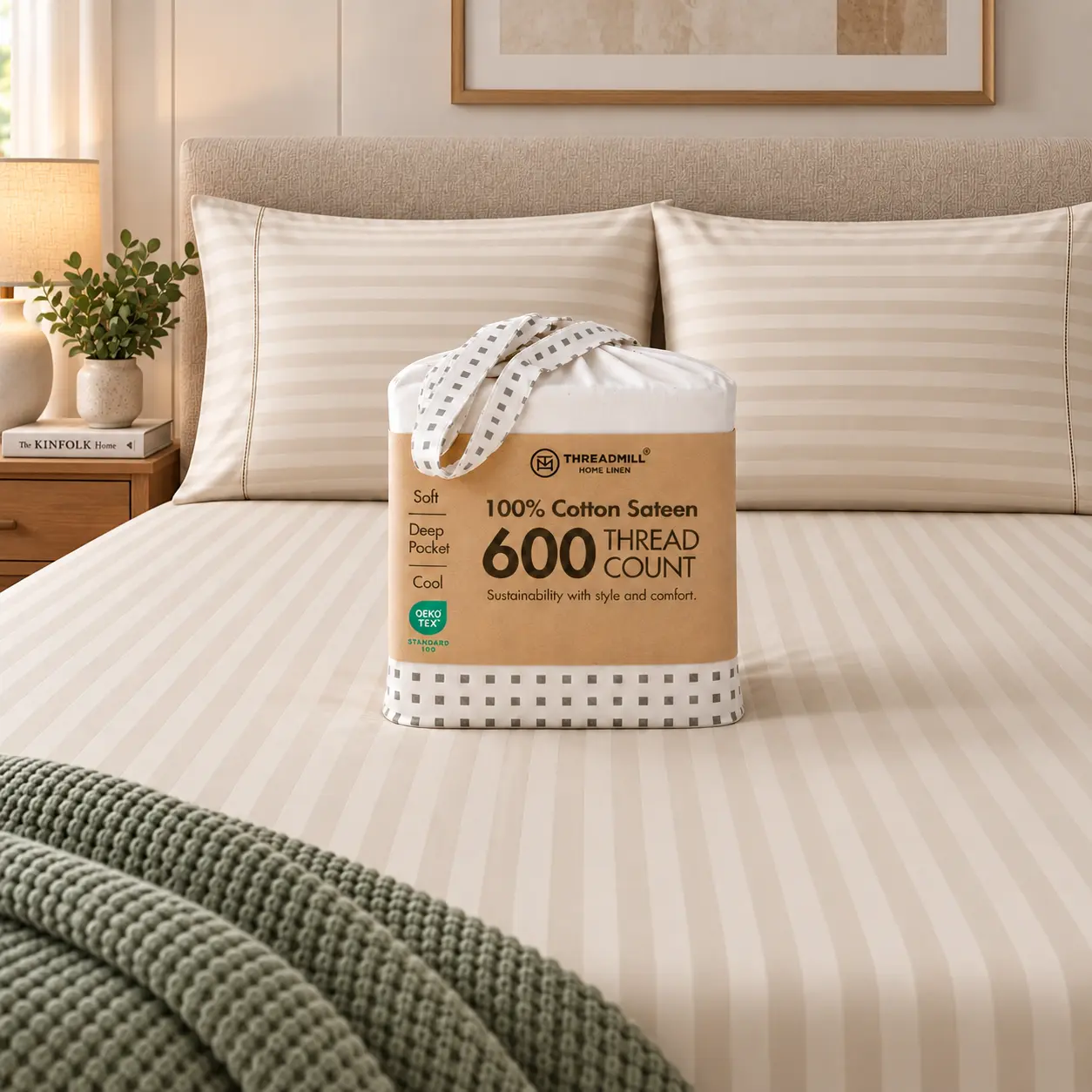 Threadmill Home Linen 100% Pure Cotton Sateen 600TC Striped Bed Sheet Set, 16" Deep Pocket Sheets, Cooling Breathable Striped Design, Sustainable Luxury Hotel-Style for Everyday Sleep, OEKO-TEX Certified