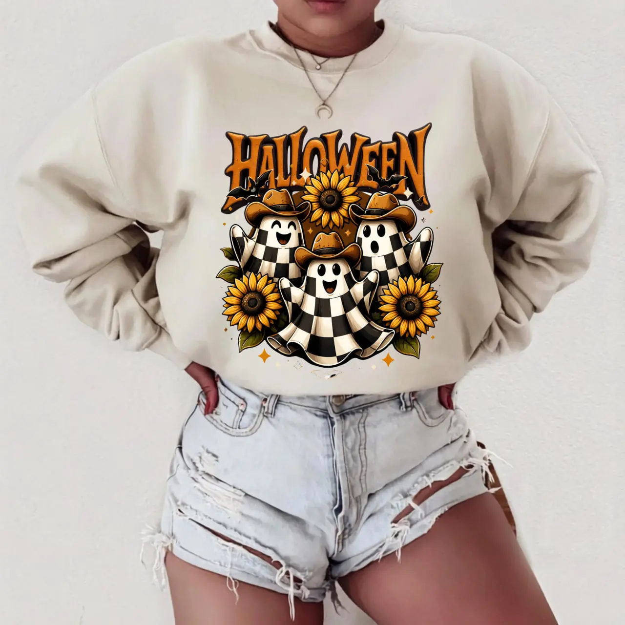 Halloween Ghost Cowboy Sweatshirt, Cute Checkered Ghost Western pullover for Women and Sunflower Fall Graphic Sweatshirt, Country Halloween Pullover | GHINI
