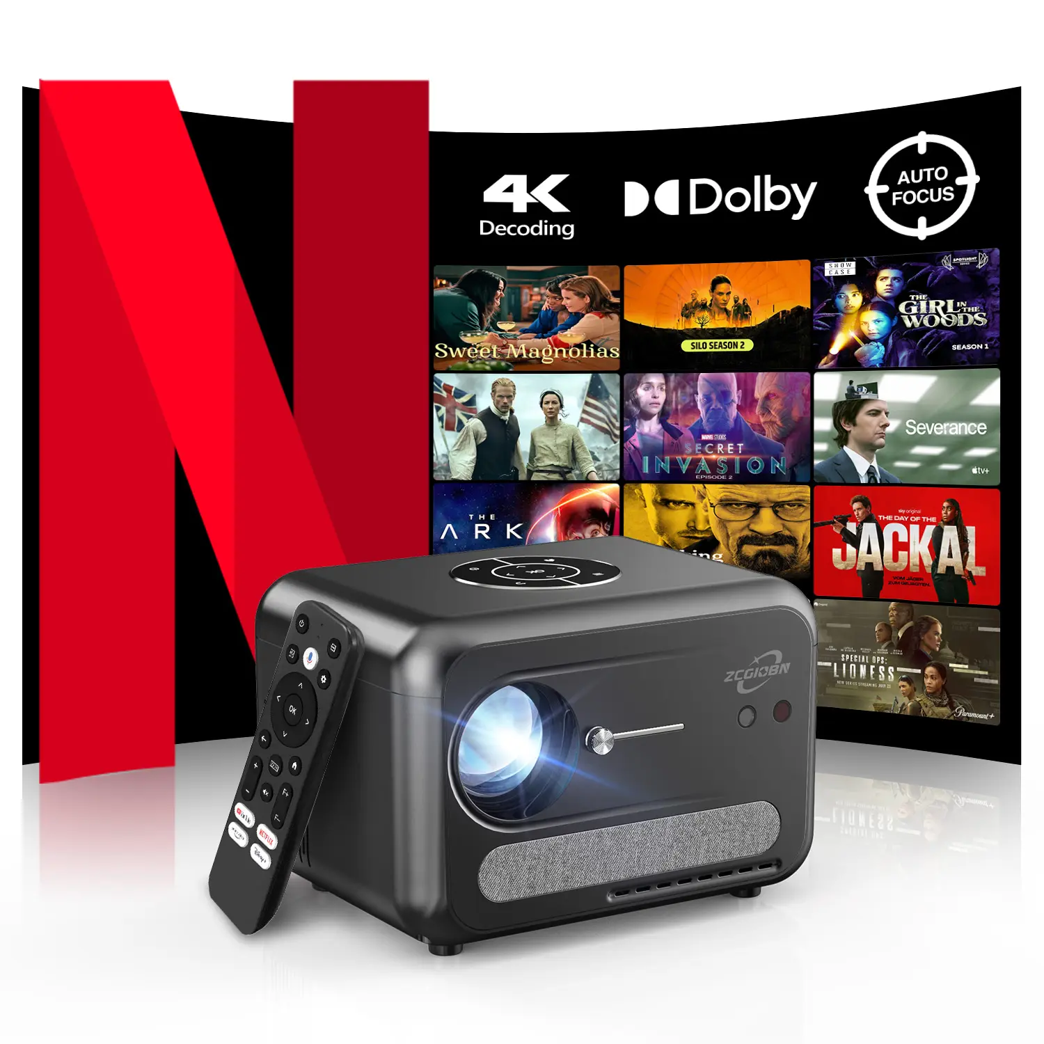 2025 Bedroom TV Projector Ultra HD 4K HDR WiFi 6 Bluetooth 5.4 NFC, Smart Android TV OS with Official Apps,with Dolby Audio, HDMI ARC, Room Ceiling Proyector with Auto Focus/Keystone, ZOOM, Google Voice Remote for Movie Gaming Party Arts Slides