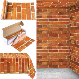 100 Ft x 54 Inch  Red Brick Wall Backdrop Tablecloth Roll with Cutter Box Disposable  Stone Brick Door Wallpaper Tablecover for Christmas Halloween Birthday Party Decorations